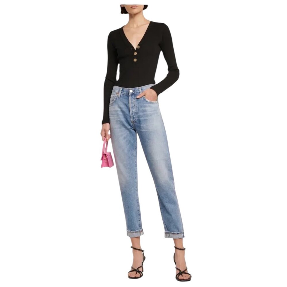 Scarlett Ribbed-Knit Sweater Black Long Sleeve V-Neck Ribbed Top